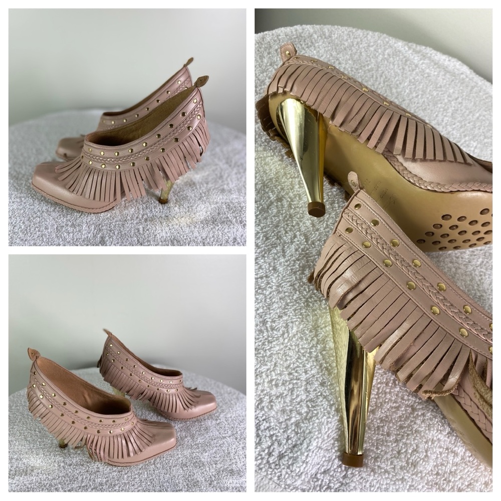 Samanta Fringed studded Gold Heeled square toes Women's Shoes Sz 7 M Nude